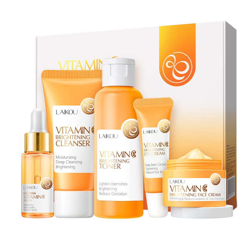 1 Pack Vitamin C Skin Care Set, Containing Moisturizing Deep Cleansing Facial Cleanser+ Toner+ Serum+Vitamin C Eye Cream + Vitamin C Essence Facial Cream, Get Clear Firm Complexion.