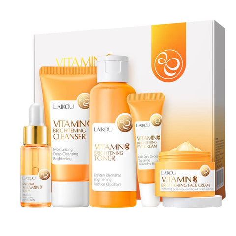 1 Pack Vitamin C Skin Care Set, Containing Moisturizing Deep Cleansing Facial Cleanser+ Toner+ Serum+Vitamin C Eye Cream + Vitamin C Essence Facial Cream, Get Clear Firm Complexion.