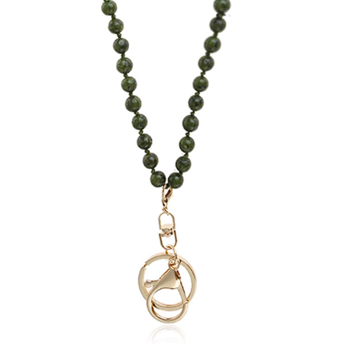 RIAH FASHION ID Card Badge Lanyard - Key Chain Holder Hook Buckle Long Necklace Crystal Bead Strand, Faux Suede, Sparkly Rhinestone (Natural Stone - Gray)