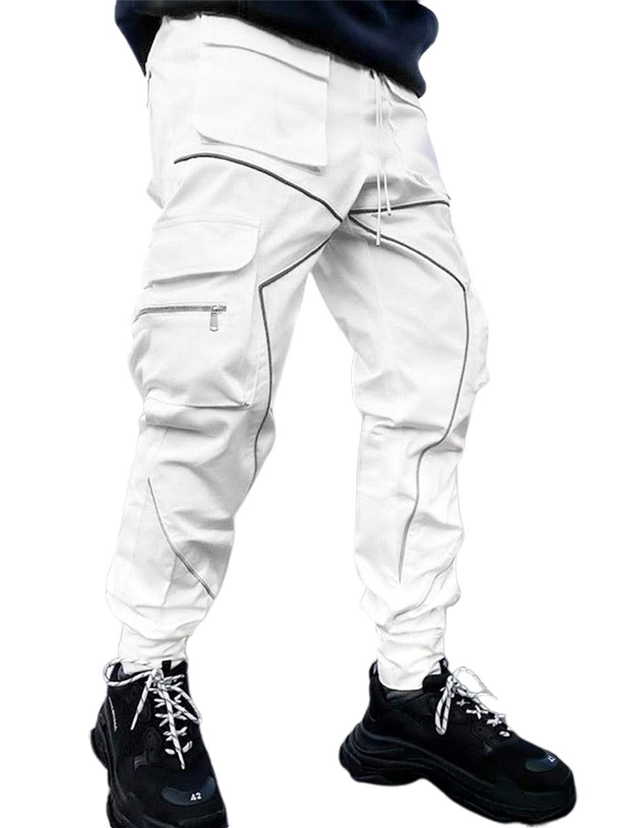 ebossy Men's Multi Pocket Fashion Cargo Pants Technical Reflective Jogger Pants (Medium, White)