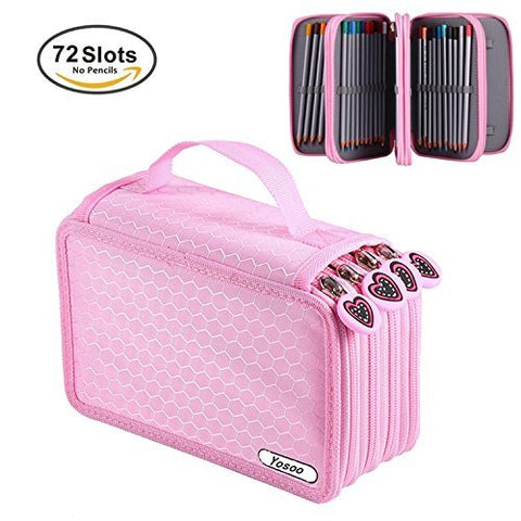 Yosoo Pink Oxford Multi-Layer Pencil Folder for 72 Pencils Make-up Brush Bag Pencil Organiser Stationary Pencil Bag with Large Capacity