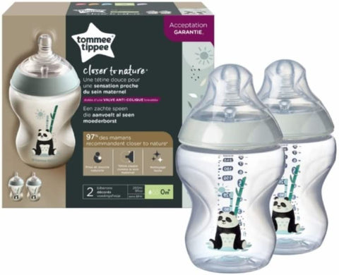 2 x Tommee Tippee Closer to Nature 260ml, BPA-Free, Anti-Colic Baby Bottle with Breast Like Silicone Teat, for Drinking Juice, Milk & Water, Panda Theme - 0m+ Months