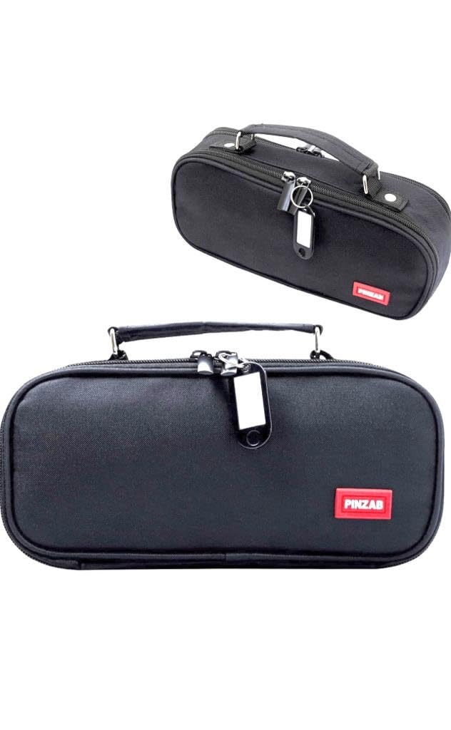 PINZAB Large Pencil case with 3 compartments and Handle for Girls & Boys -Large Capacity Pencil Cases for School College Office Stationery Organizer & Makeup Bag - Black