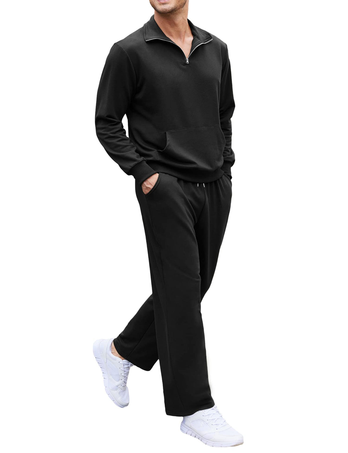 COOFANDY Men 2 Piece Sweatsuits Jogging Suits Set Running Quarter Zip Tracksuits Black