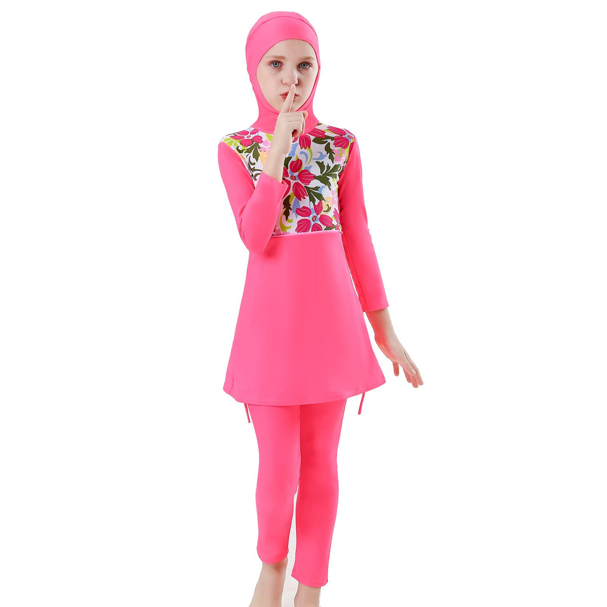 Muslim Swimsuit for Girls Kids 2 Pieces Modest Islamic Swimwear Burkini Full Cover Hijab Long Sleeve Floral Print Hooded Top Pants Swimming Cap Costume Bathing Suit Pink Floral - Long 2-3 Years
