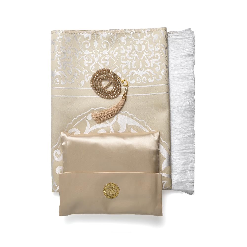 ABDEEZ Gift Prayer Set with Velvet Pouch, Turkish Design Prayer Mat, Decorative Prayer Beads | Premium Islamic Gift for Ramadan, Eid, and Weddings (Beige)