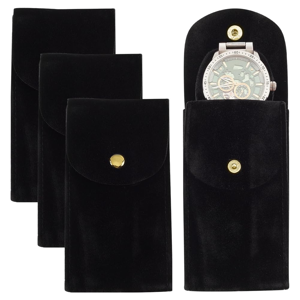 BENECREAT 4PCS Watch Pouch Watch Storage Bag, Black Portable Velvet Watch Travel Case Organizer with Insert for Travel Outdoor, 5x2.6x0.23