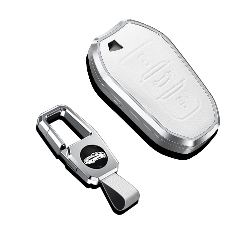 SANRILY Aluminum Alloy Frame & Genuine Leather Key Case for Peugeot 508 Citroen C3 C5 Aircross C4 DS 5 3 Keyless Full Protector Key Cover with Keychain White