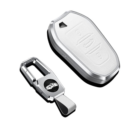 SANRILY Aluminum Alloy Frame & Genuine Leather Key Case for Peugeot 508 Citroen C3 C5 Aircross C4 DS 5 3 Keyless Full Protector Key Cover with Keychain White