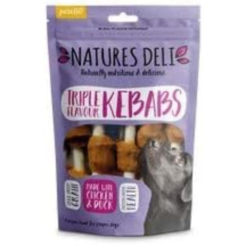 Natures Deli Triple Flavour Kebab Dog Treats, Grain Free Low Fat Treats for Dogs, High Protein Dog Chews - 100 g