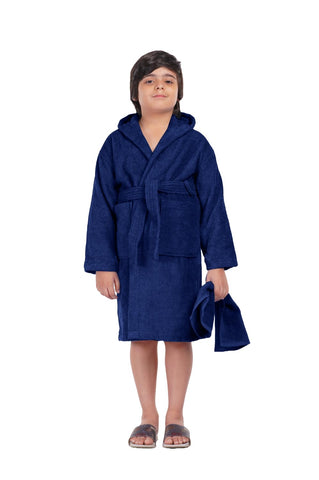 ALLEN & MATE Children 100% Terry Cotton Quick Dry Hooded Bathrobe for Kids Boys Girls Dressing Gown with Head Towel & Pockets (6-7 Years, Navy Blue)