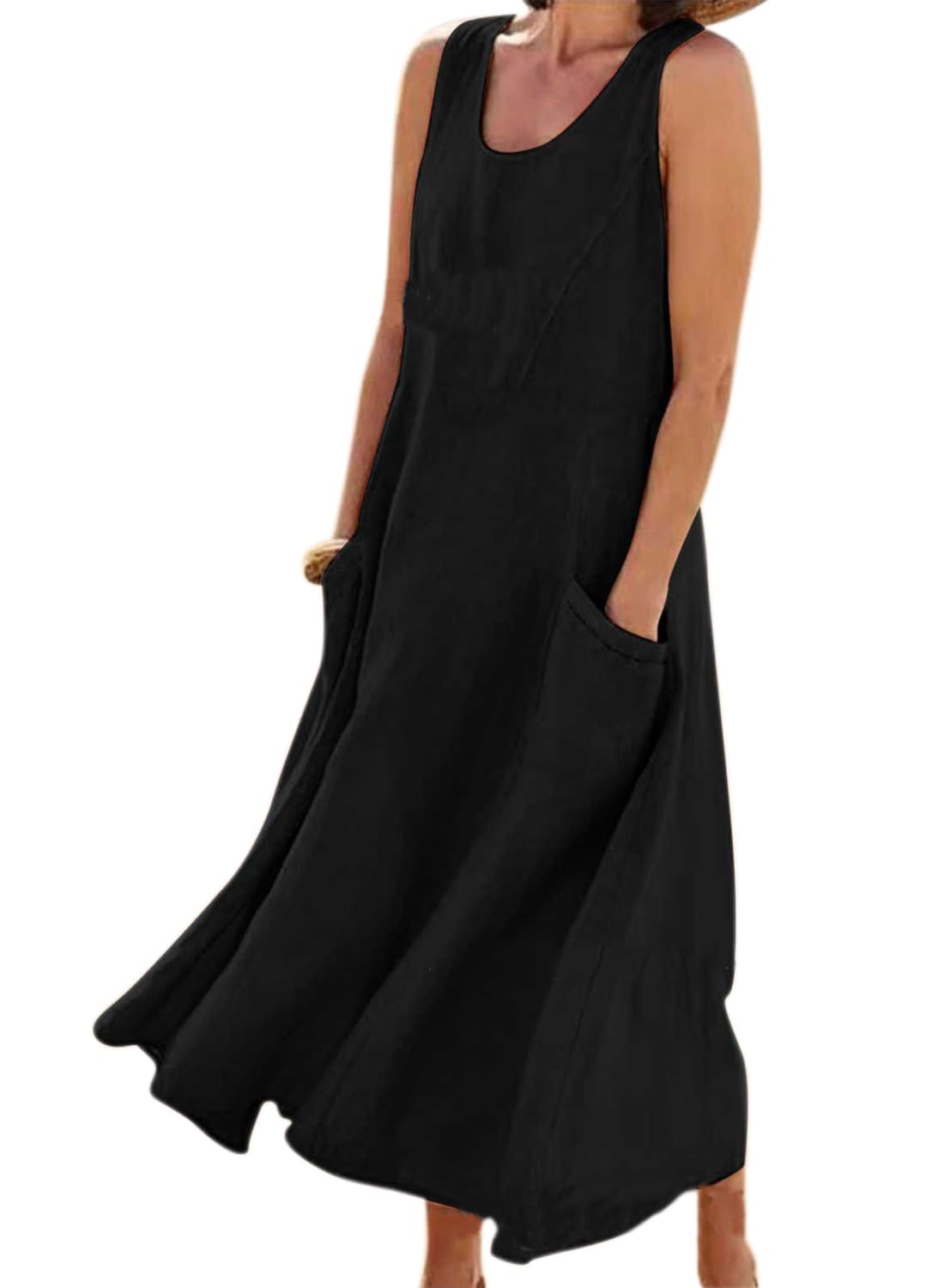 yoeasy Women's Cotton Linen Casual Loose Pockets Long Dress Plain Sleeveless Tank Dress, Black, M