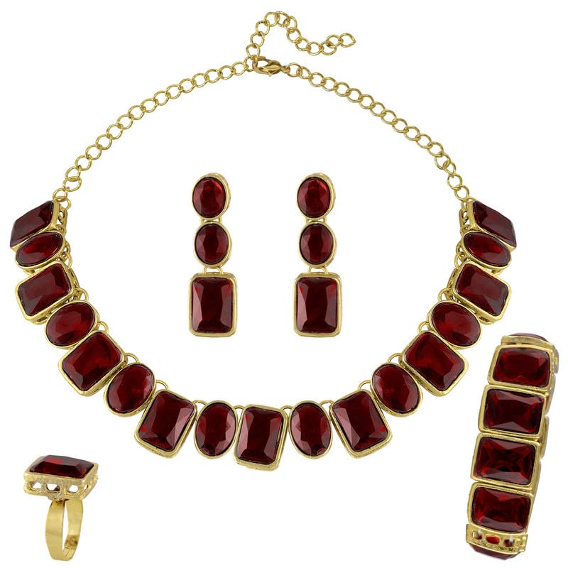 Aheli Maroon Kundan Necklace Earrings Finger Ring Bracelet Indian Traditional Bollywood Jewelry Set for Women Girls