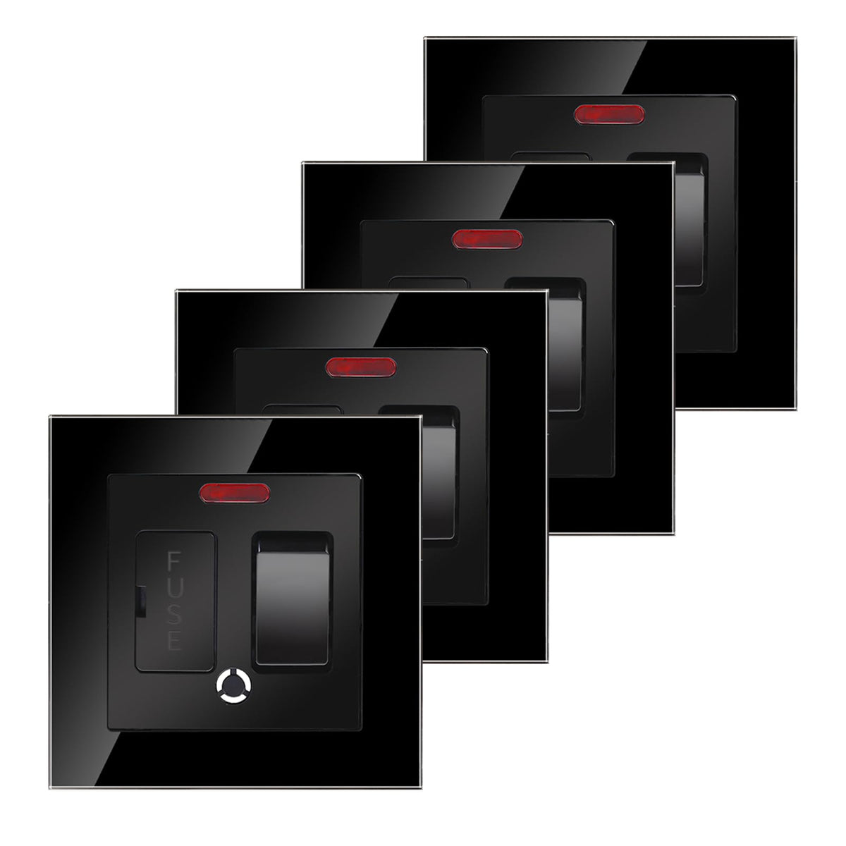 4 Pack CNBINGO Glass Switched Fused Connection Unit with Red Power Indicator, 13 Amp 1-Gang Rocker Spur Switch, with Black Glass Panel