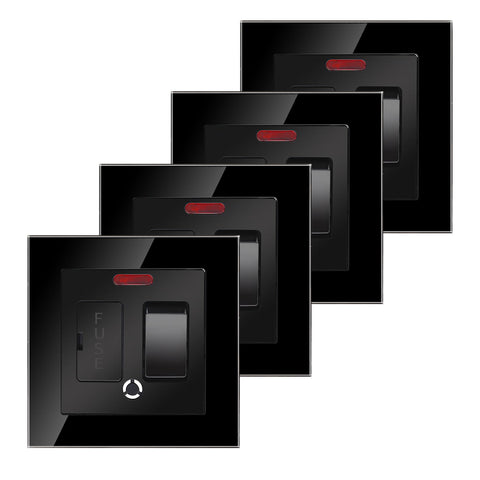 4 Pack CNBINGO Glass Switched Fused Connection Unit with Red Power Indicator, 13 Amp 1-Gang Rocker Spur Switch, with Black Glass Panel