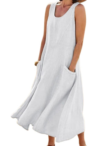 yoeasy Women's Cotton Linen Casual Loose Pockets Long Dress Plain Sleeveless Tank Dress, White, S
