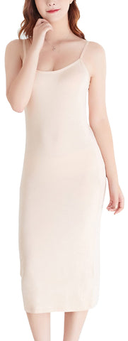 FEOYA Women Full Slip Undergarment Solid Spaghetti Strap Camisole Slip Lingerie Lightweight Long Sleeveless Under Dress Beige L