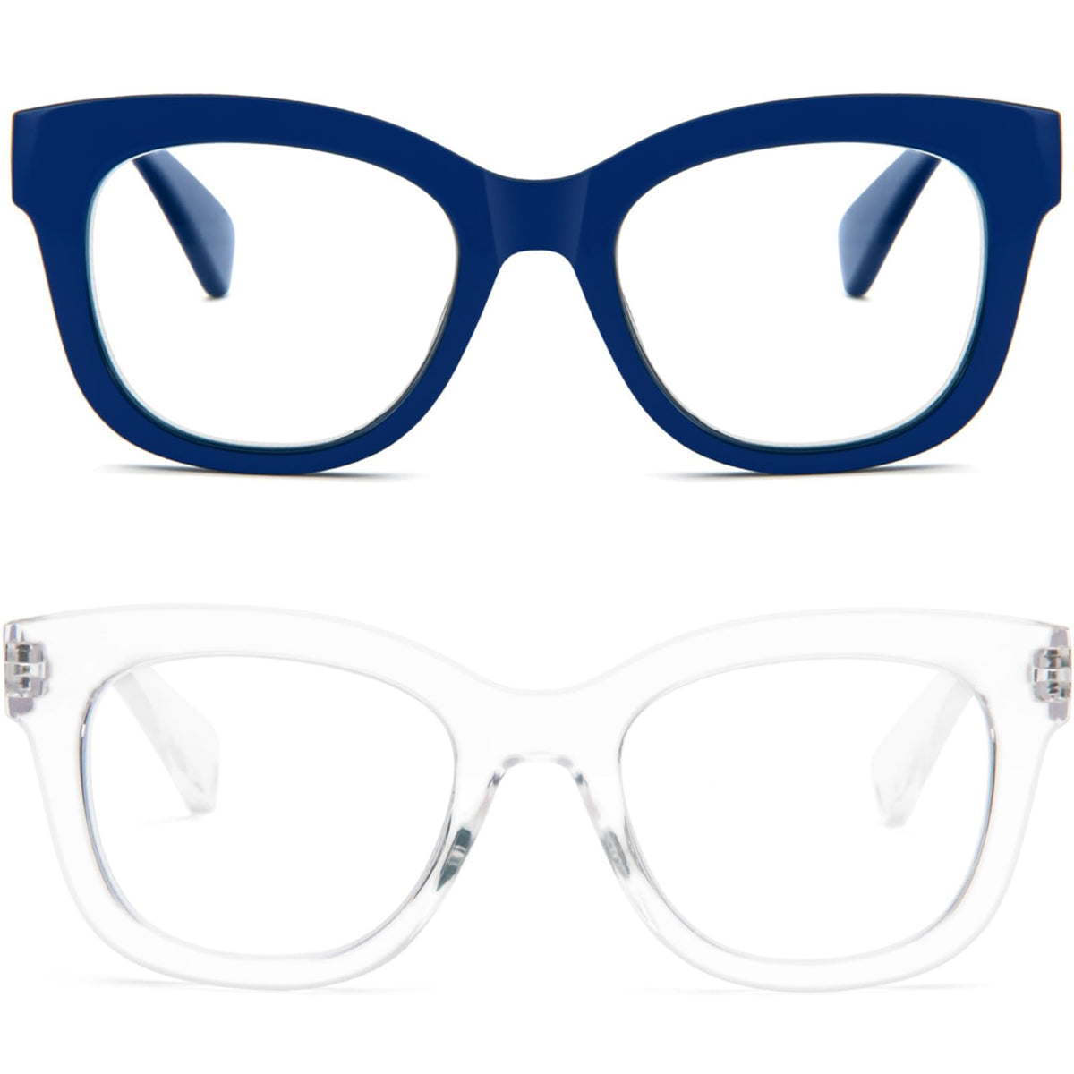 REAVEE 2 Pack Retro Oversized Reading Glasses for Women Men, Blue Light Blocking Computer Readers Stylish Spring hinge (Blue/Clear 2.0x)