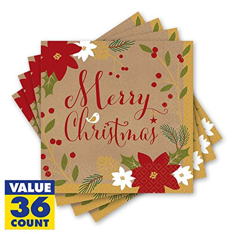 amscan Merry Little Christmas Beverage Napkins Party Tableware (36 Pieces), Multi Color, 5" x 5".