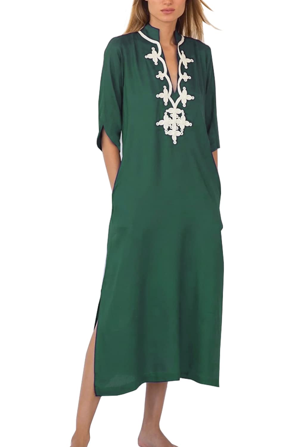 YouKD Summer Embroidered Long Kaftan Bohemian Kimono Beach Swimsuit Cover Up Maxi Dress for Women E Green