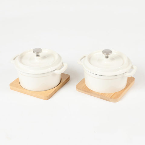 HAWOK Enameled Cast Iron Mini Dutch Oven Cocotte Saucepan with Lid 270ml/9.13oz/1.08cups Creamy white Set of 2