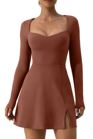 QINSEN Brown Dress for Womens Long Sleeve Sweetheart Neckline Bodycon Mini Dress for Casual L