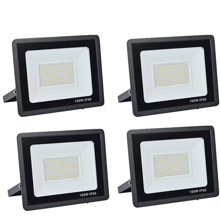 LED Floodlight Security Light,100W Outdoor Spotlight 10000LM Outdoor Flood Lights,IP66 Waterproof 6000k LED Spotlight for Garden,Garage,Square,Car Park,Construction Site ect(Cold white-4pcs,100W)