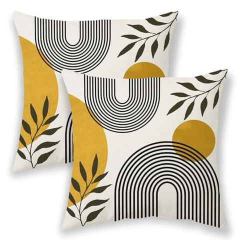 Boho Summer Pillow Covers 16x16 Inch 2 Pcs, Mustard Yellow Tropical Leaf Outdoor Decorative Throw Pillows, Mid Century Abstract Art Farmhouse Decor Pillowcase Linen Cushion Cover for Couch Sofa