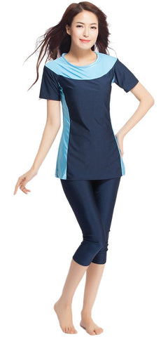 Ababalaya Womens' Color Block Moderate Cover 2 Piece Swimsuit Burkini, Navy Blue, XXXXL