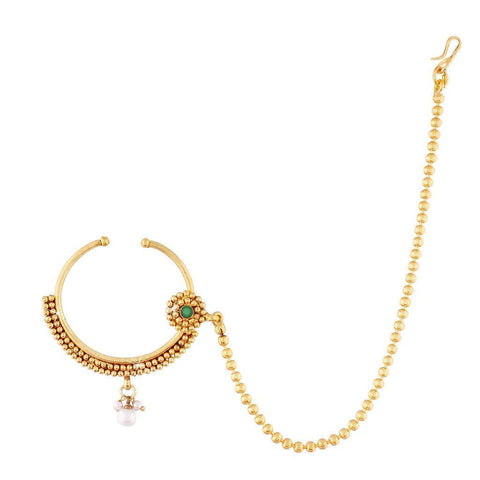 Aheli Classy Wedding Party Wear Nose Ring Nath with Pearl Chain Traditional Saree Jewelry for Indian Women