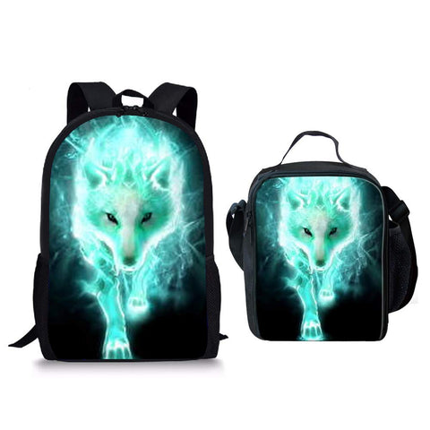 Wolf Kids Backpack Student Set 2 Piece Back to School Book Bag with Lunch Bag for Boys Girls