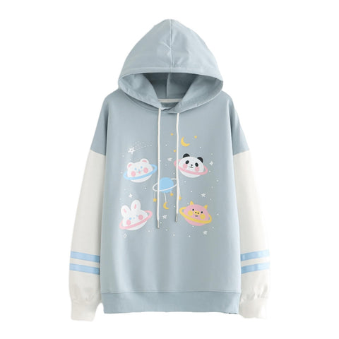 Aobiono Women Girl Kawaii Anime Animal Hoodie Bear Panda Bunny Pig Japanese Korean Cute Aesthetic Light Academia Sweatshirt (Light Blue,L,Large)