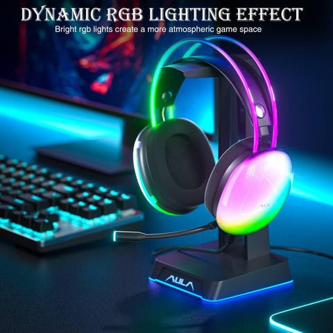 AULA USB Gaming Headset with Mic for PC, RGB Rainbow Backlit, Virtual 7.1 Surround Sound, 50mm Driver, Soft Memory Earmuffs, Wired Laptop Desktop Computer Headset, Black, S505