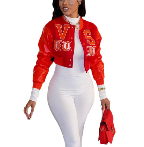 THLAI Women Varsity Jacket Button Down Cropped Faux Leather Jacket Letter Embroidery Jacket Short Baseball Outwear