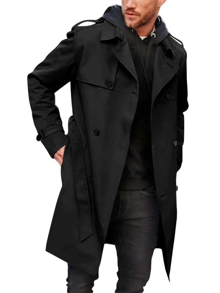 Pretifeel Mens Trench Coat Slim Fit Double Breasted Long Jacket Notched Lapel Belt Fall Windproof Coat XX-Large