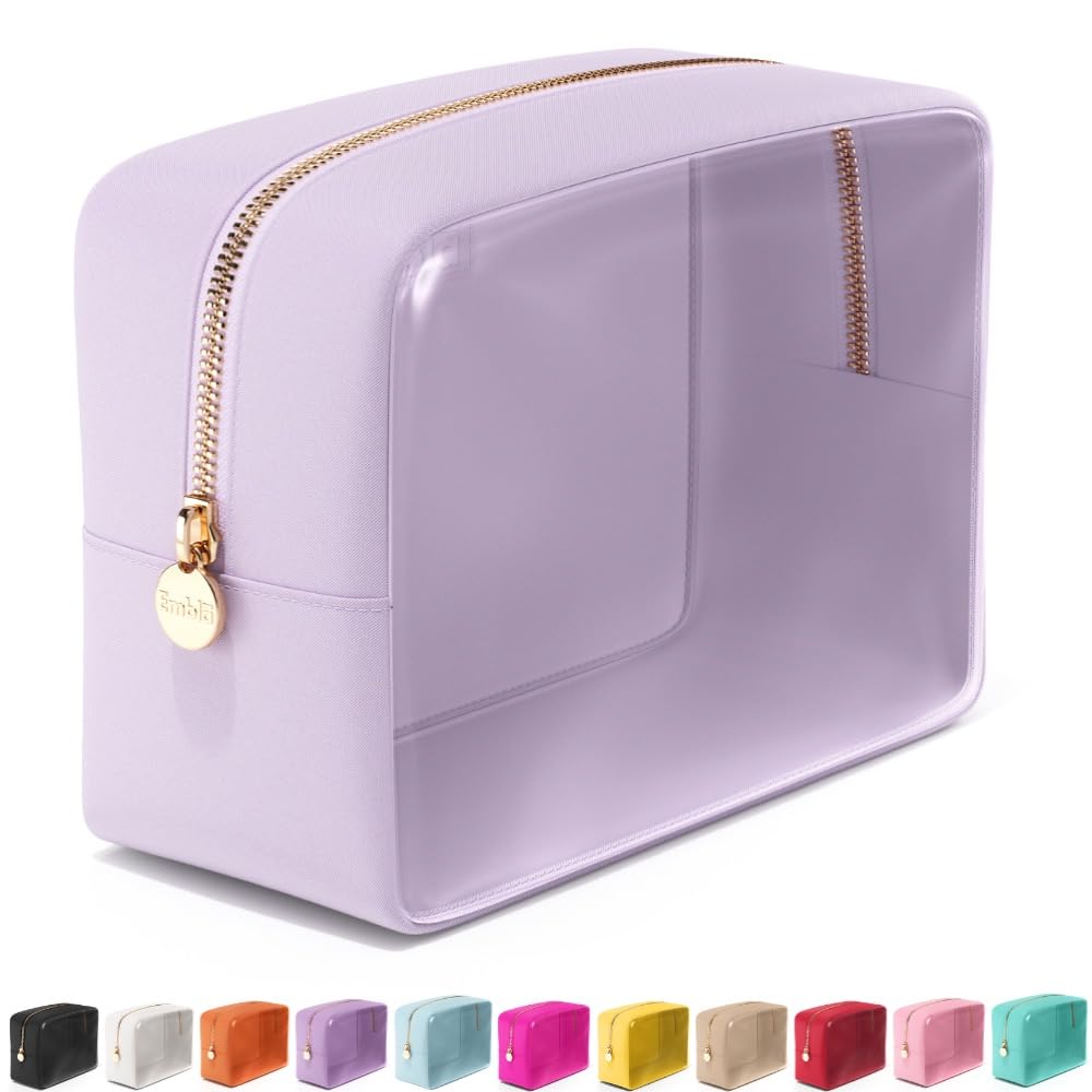 Embla Clear Cosmetic Bag Makeup Bag, Clear Zipper Pouch Cosmetics Bags Cute Womens Make Up Pouches, Clear Toiletry Travel Bag Tote, Preppy Purse Cosmetic Organizer Large Makeup Bags, Lilac Large
