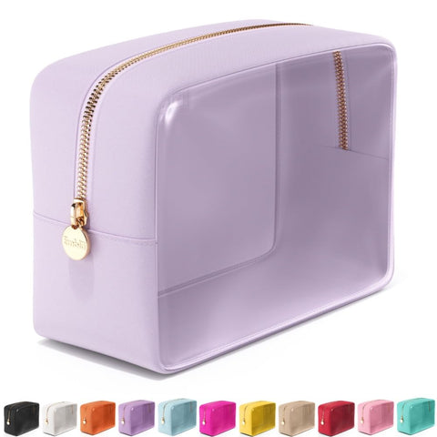 Embla Clear Cosmetic Bag Makeup Bag, Clear Zipper Pouch Cosmetics Bags Cute Womens Make Up Pouches, Clear Toiletry Travel Bag Tote, Preppy Purse Cosmetic Organizer Large Makeup Bags, Lilac Large