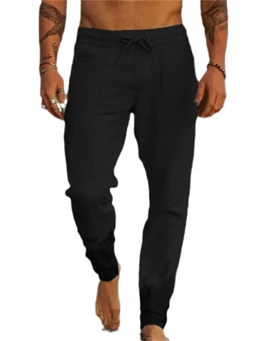 MTINDO Men's Linen Cotton Casual Pants Fashion Breathable Solid Color Simple Loose Large Size Linen Man Trousers Black L