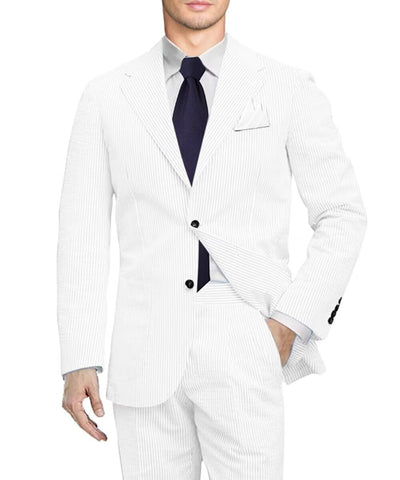 Bessmate Men 2 Pieces Summer Seersucker Suits Beach Wedding Suits Grooms Slim Fit Striped Blazer, White, M