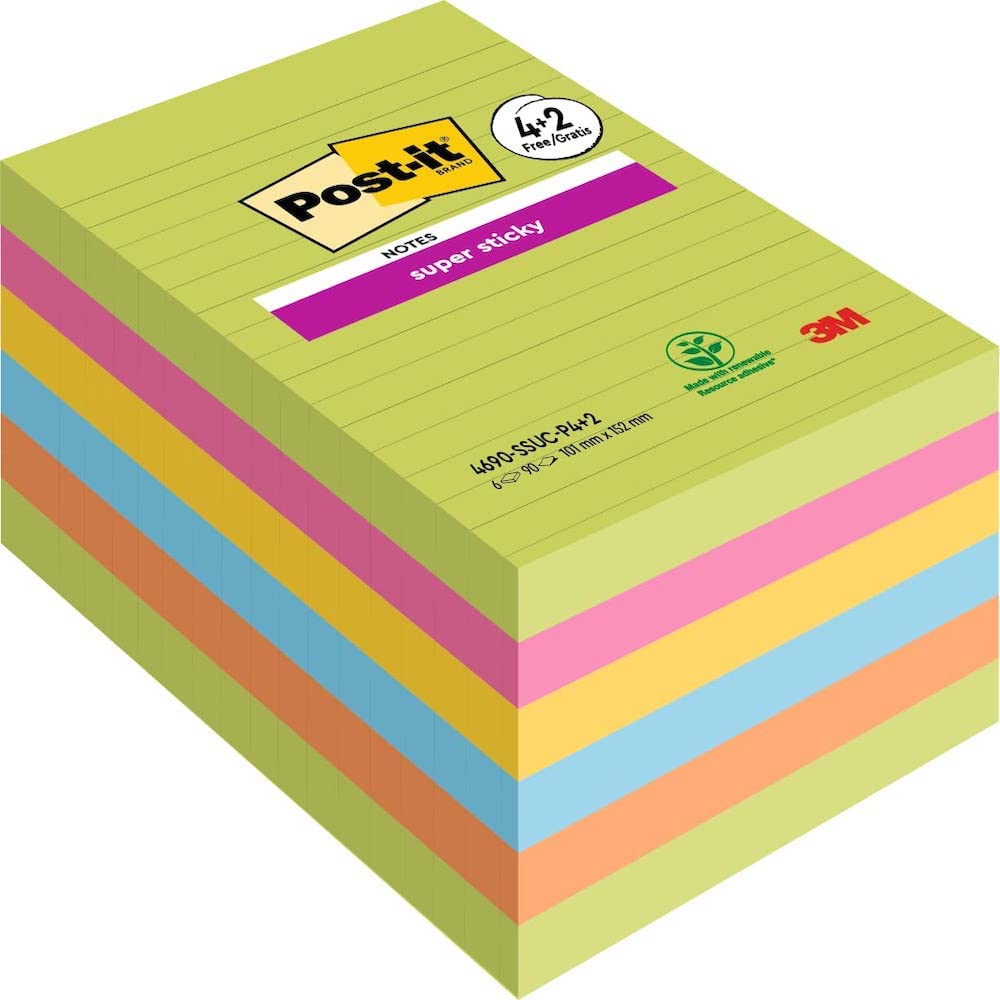 Post-it Super Sticky Notes, Assorted Colours, lined, 101 mm x 152 mm, 90 Sheets/Pad, 4 + 2 FREE Pads/Pack