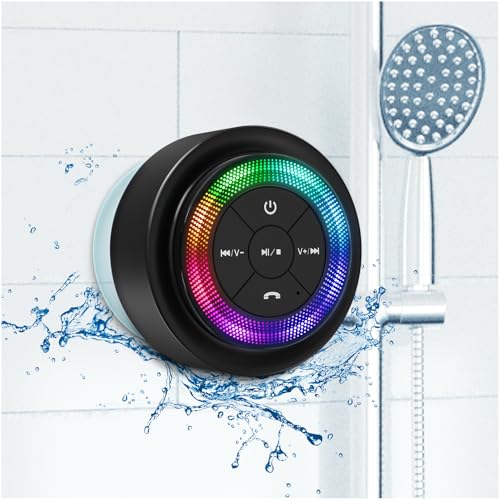Xleader Shower Bluetooth Speaker, Certified IPX7 Waterproof Mini Bluetooth Wireless Speaker with Lights,Suction Cup for Bathroom, Built-in Mic,Crystal Sound&Bass, 12H Playtime, Ideal Electronic Gifts