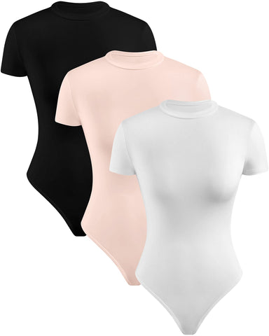 Syhood 3 Pcs Women's Short Sleeve Bodysuits Round Neck Slim Fit Jumpsuit Basic Bodysuit Tops T-shirts for Women(Black, Pink, White, Medium)