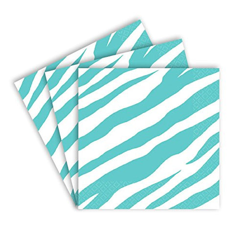 Party in Style Robin's-egg Blue Zebra Print Beverage Napkin Tableware, Paper , 5" x 5", Pack of 16