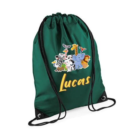 Jungle Theme Bag, Personalised Backpack, forest safari Gift For Kids, Girls, Boys, Funny Wild Animal Gift, Birthday Drawstring Bag, PE Gym Kit Swimming, Sport Rucksack. (Bottle Green)