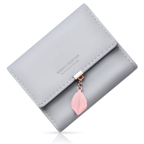 flintronic Womens Wallets, PU Leather Ladies Purse for Women, Small Wallet with Multiple Card Slots & Compartments, Leaf Pendant Zipper Coin Purse for Girls Ladies - Grey