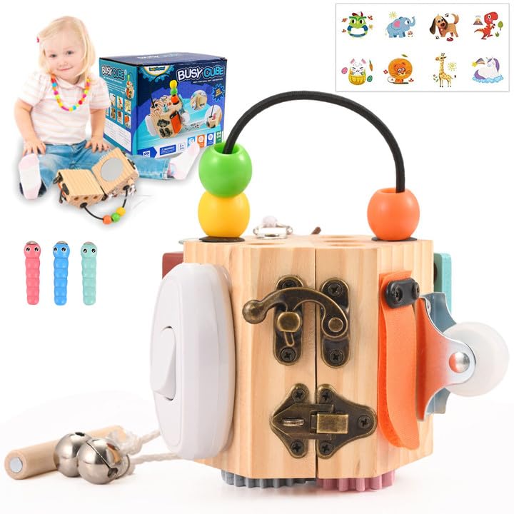 Busy Cube Wooden Activity Fidget Toy, Montessori Educational Sensory Toy for Toddlers 3+, Baby Travel Toys Activity Cube for Develop Fine Motor Skills, Gifts for Boys and Girls