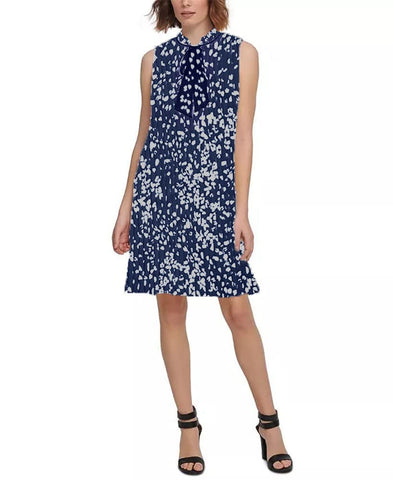 DKNY Women's Tie Neck Dress Color Navy Multi Sleeveless Size 10