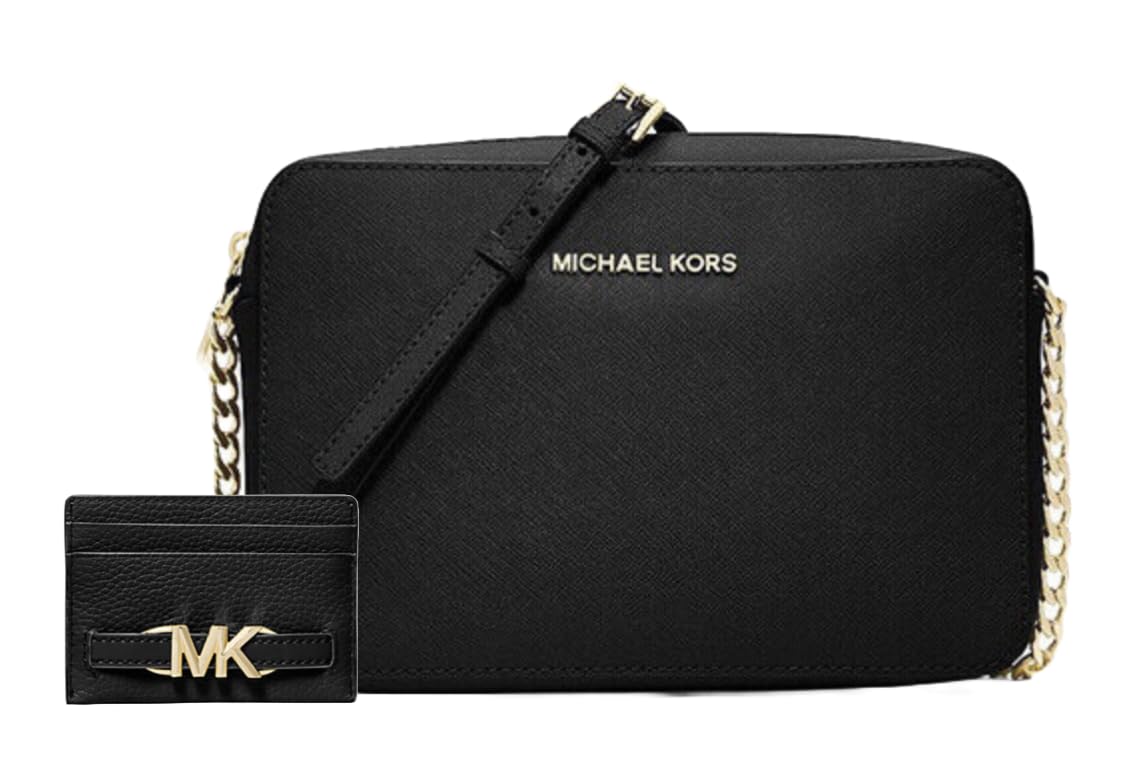 Michael Kors Jet Set East West Women Crossbody Bundle Travel Coin Pouch or Reed Large Card Case. (East-West/Reed Card, Black-Gold/Black)