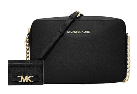 Michael Kors Jet Set East West Women Crossbody Bundle Travel Coin Pouch or Reed Large Card Case. (East-West/Reed Card, Black-Gold/Black)