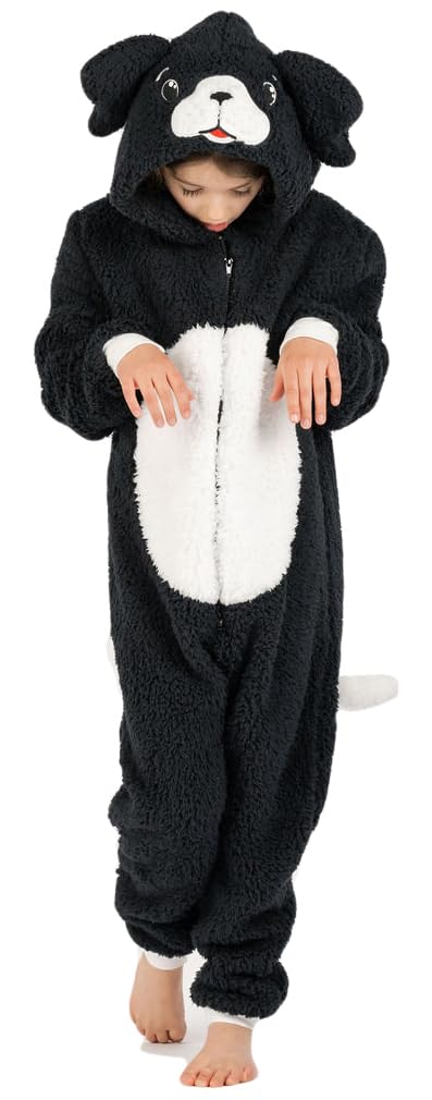 Kid's Puppy Black and White Dog Onesie All-In-One for Boys or Girls in Soft Fleece with a Tail In Childrens Age Years 8-9 BWDog52